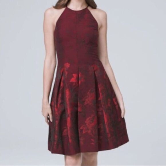NEW White House Black Market Red Floral-Jacquard‎ Fit-And-Flare Dress - Picture 3 of 16